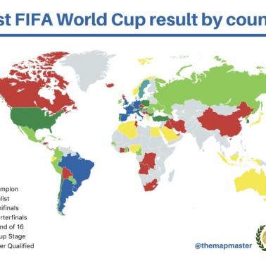 Mapa najlepszych wyników poszczególnych państw w Mistrzostwach Świata w piłce nożnej, do Kataru 2022