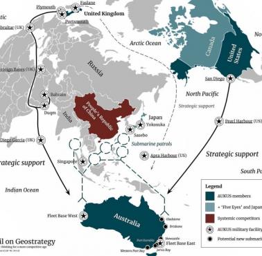 Geopolityka: Państw należące do AUKUS (USA, Wielkiej Brytania, Australia) i Five Eyes