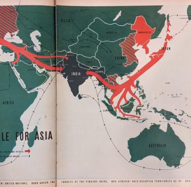 Propagandowa mapa z magazynu Fortune z 1942 zatytułowana wojna o Azję, japońskie i niemieckie plany podboju Azji