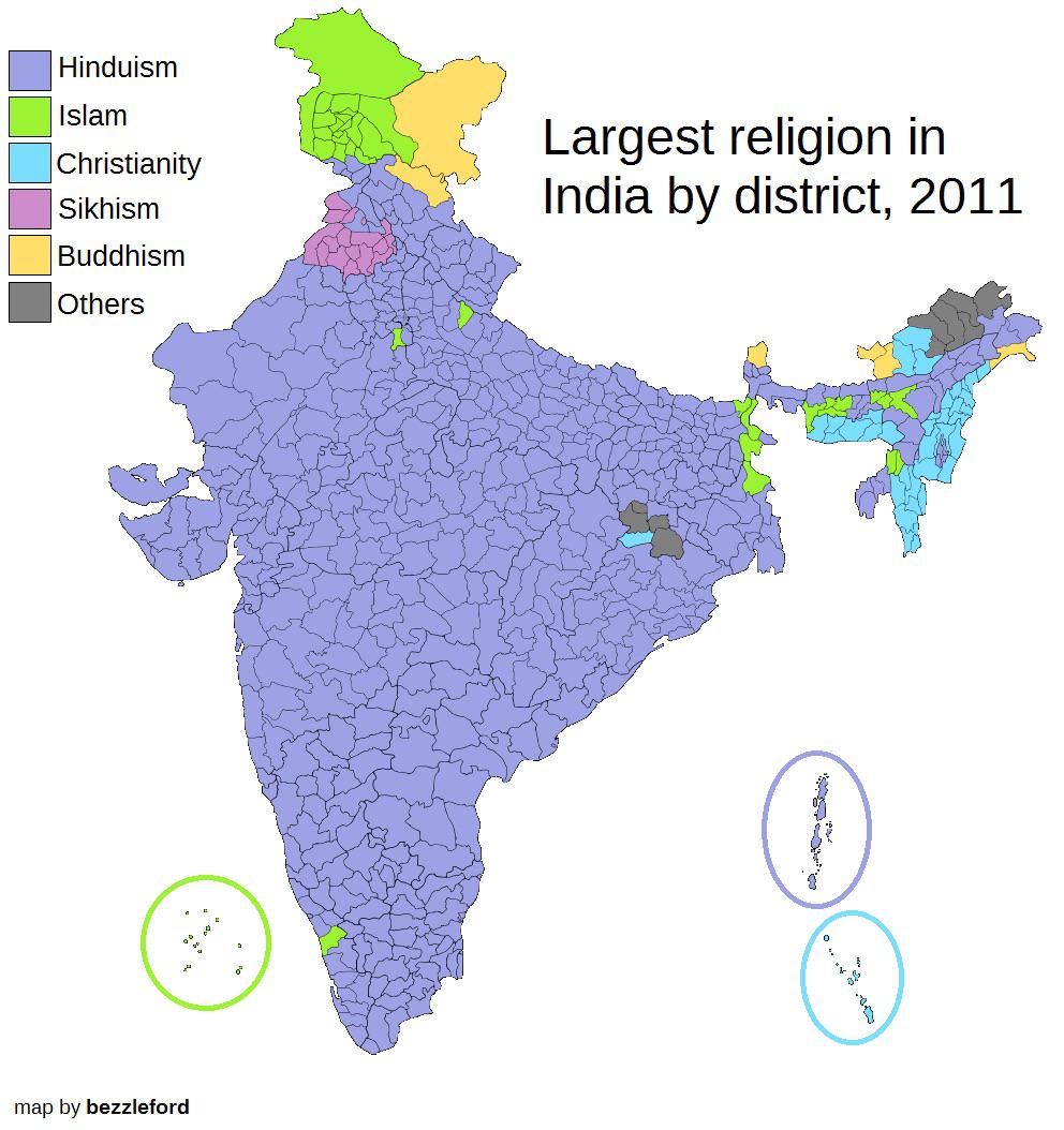 Największe religie w Indiach z podziałem na jednostki administracyjne, 2011
