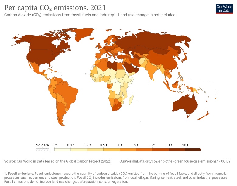 Emisja CO2 na osobę na świecie w 2021 roku