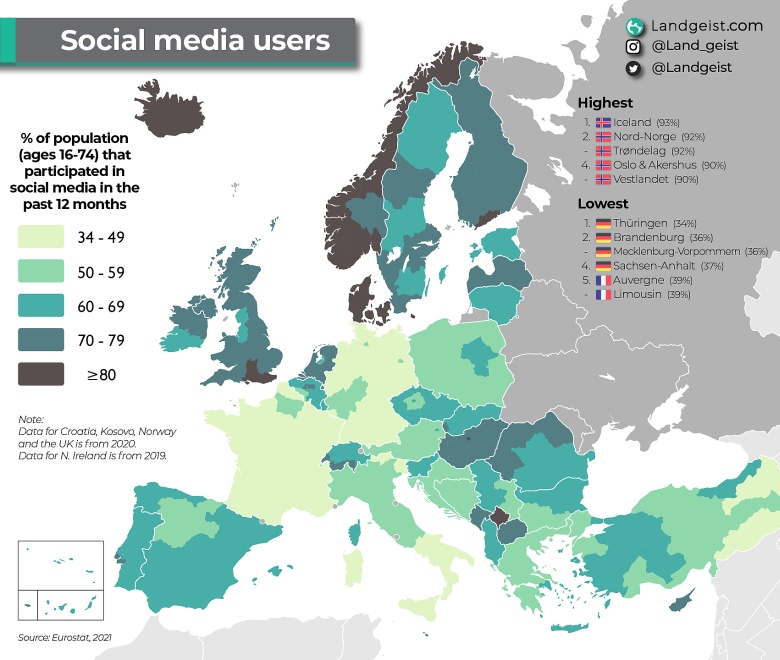 Użytkownicy mediów społecznościowych w Europie, 2021