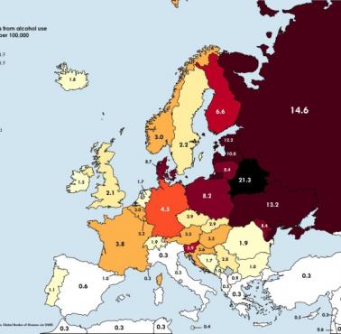 Wskaźniki śmiertelności z powodu przedawkowania alkoholu na 100 tys. mieszkańców w Europie