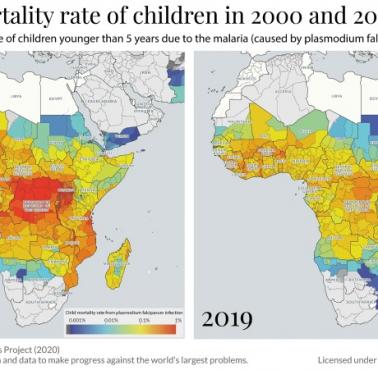 Umieralność dzieci na malarię w 2000 i 2019 r.