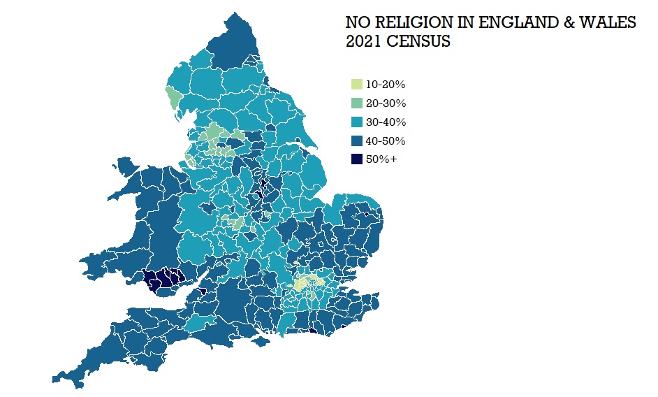 Laicyzacja (religia, ateizm) Anglii i Walii, dane 2021 cenzus