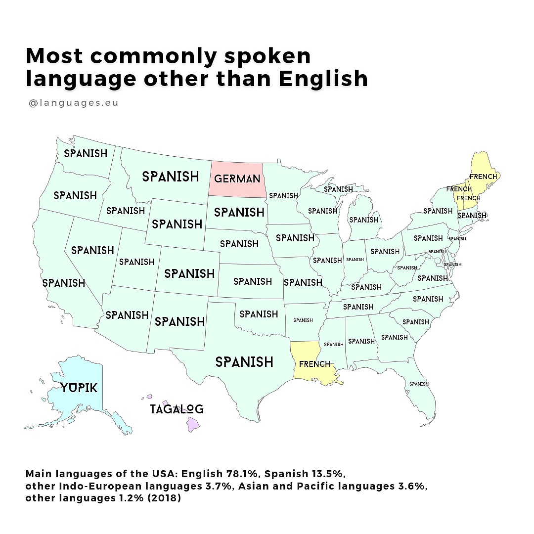 Drugi po angielskim dominujący język w poszczególnych stanach USA, 2018