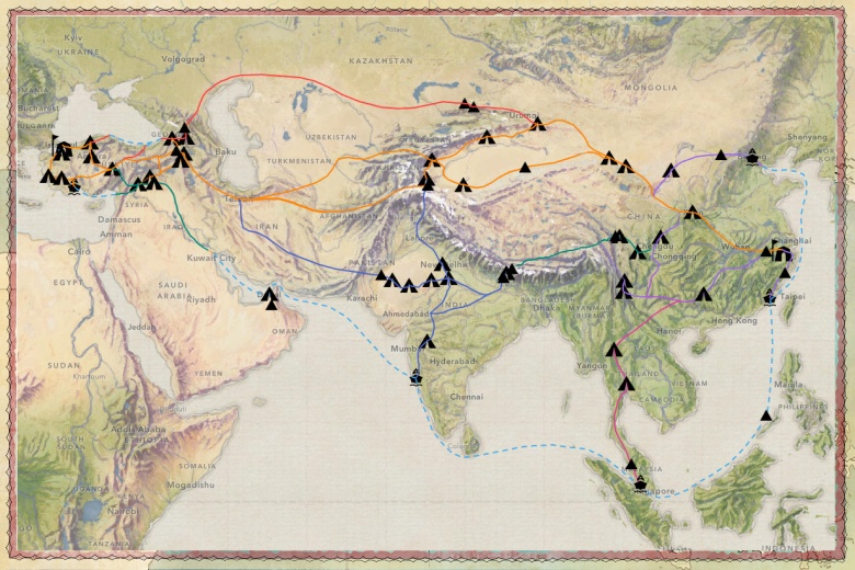 Nowy Jedwabny Szlak (Belt and Road Initiative) luźna propozycja głównych miast - hubów i tras