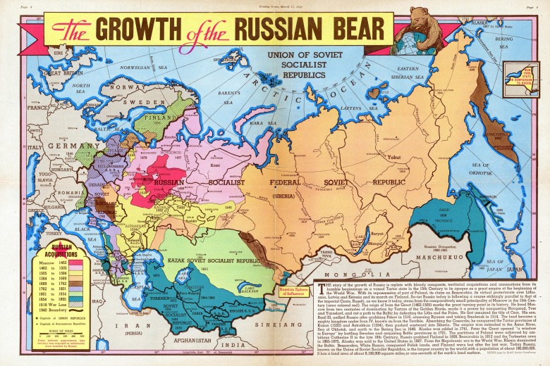 Ekspansja terytorialna Rosji (ZSRR). Mapa z 1940 roku przed sojuszem USA-WB z Rosją z 1941 roku