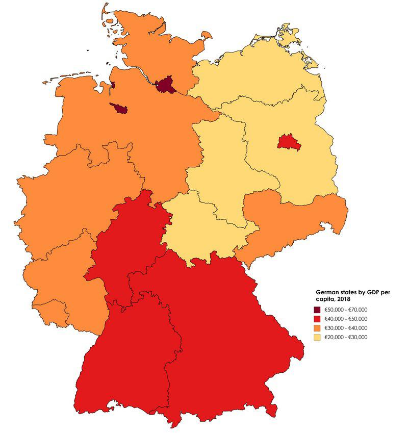 Niemieckie landy według PKB na mieszkańca (per capita), 2018 r.