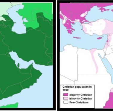 Porównanie populacji chrześcijan w 1900 roku z czasem trwania rządów islamskich na Bliskim Wschodzie i w okolicach