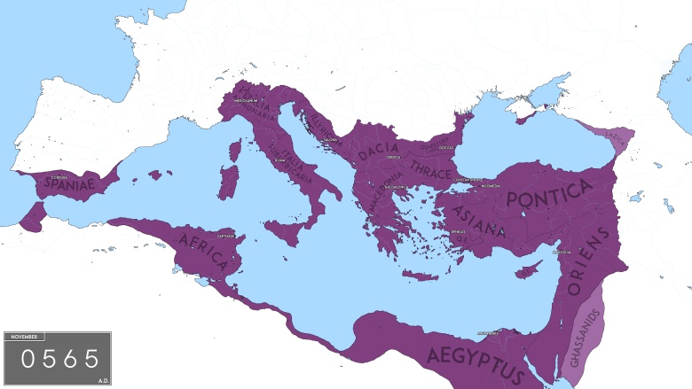 Zasięg Cesarstwa Wschodniorzymskiego (Cesarstwo Bizantyńskie) w czasach Justyniana I, 565 rok n.e. (z podziałem na patriarchaty)