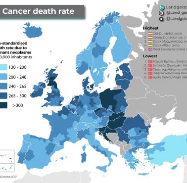 Współczynnik umieralności na raka  w Europie na 100 tys. mieszkanców, 2017