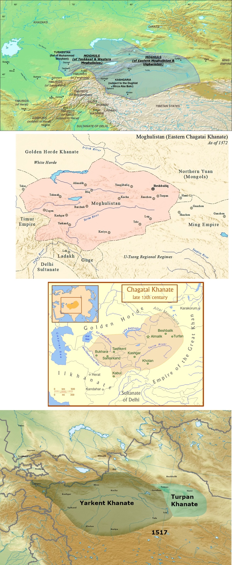Chanaty Czagataj (1226–1348), Mogulistan (1347–1462), Jarkent (1514–1696) i Turpan (1462–1680)