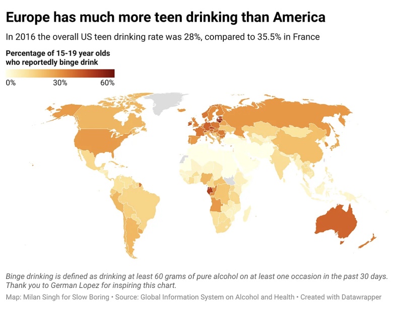 Odsetek osób w wieku 15-19 lat na świecie, które nadużywają alkoholu, 2016