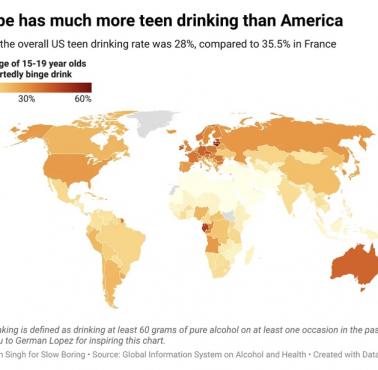 Odsetek osób w wieku 15-19 lat na świecie, które nadużywają alkoholu, 2016
