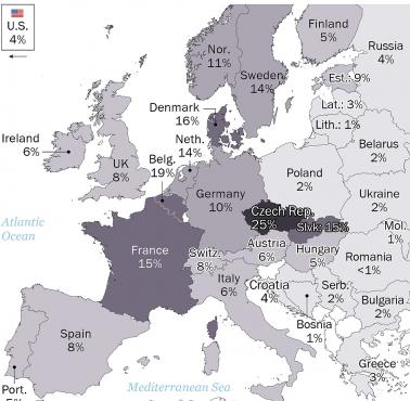 Odsetek ateistów i osób niereligijnych w Europie, 2015-2017