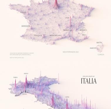 Gęstość zaludnienia Francji i Włoch. Widoczna jest decentralizacja Włoch w porównaniu z Francją