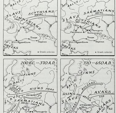 Wczesne migracje w Europie Wschodniej, 1000 p.n.e. do 650 n.e., z "Historii Rosji" Mikołaja W. Riasanowskiego