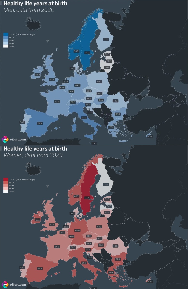 Spodziewana długość życia w chwili urodzenia kobiet i mężczyzn w Europie, 2020