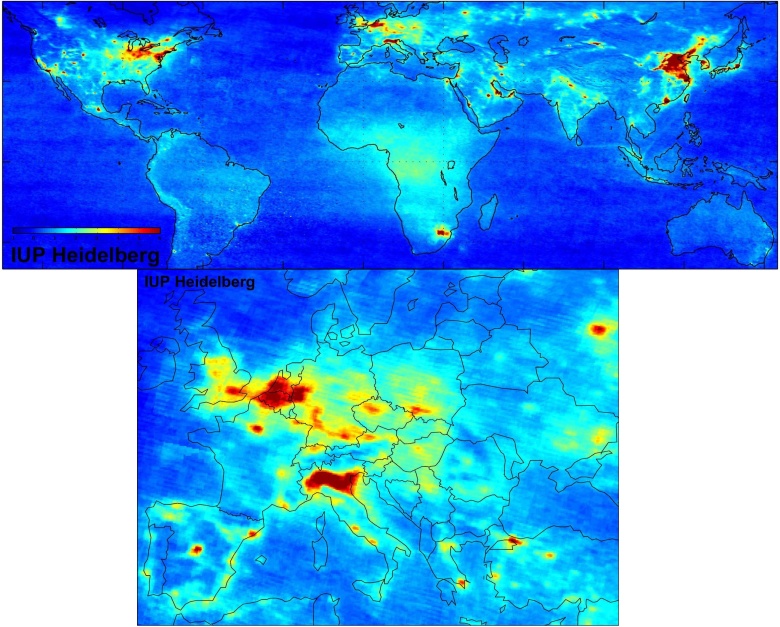 Globalna mapa zanieczyszczenia powietrza opracowana przez S. Beirle, U. Platt i T. Wagnera, 2002-2003