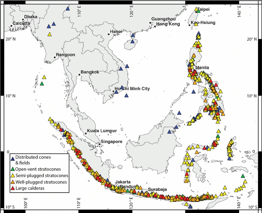 Mapa wulkanów i ich typów w Azji Południowo-Wschodniej