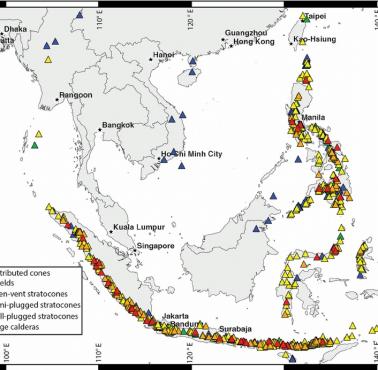 Mapa wulkanów i ich typów w Azji Południowo-Wschodniej