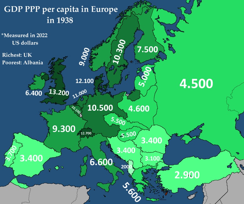 PKB PPP na mieszkańca w Europie przed II wojną światową, 1938