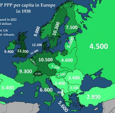 PKB PPP na mieszkańca w Europie przed II wojną światową, 1938