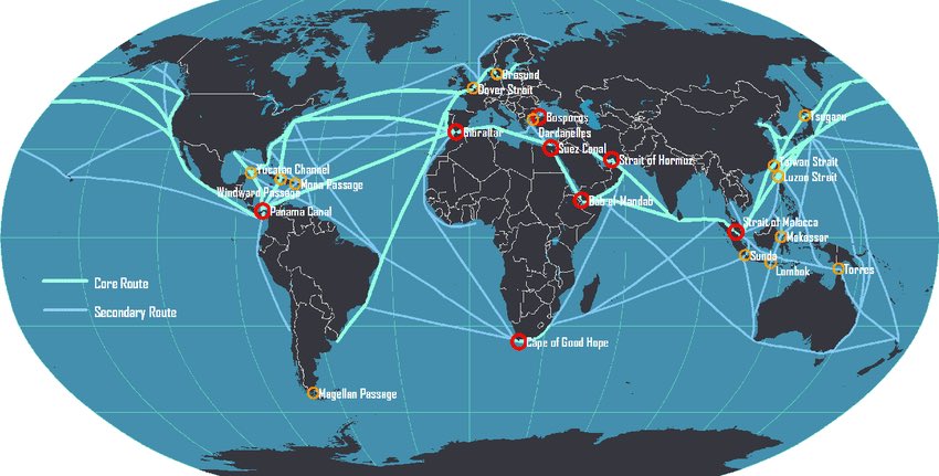 Newralgiczne bramki na oceanie świata oznaczone są na czerwone (do Kanału Panamskiego było ich 7)