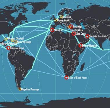 Newralgiczne bramki na oceanie świata oznaczone są na czerwone (do Kanału Panamskiego było ich 7)
