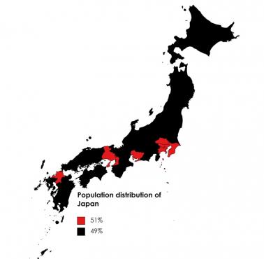 Regiony oznaczone na czerwono zamieszkuje 51 proc. mieszkańców Japonii