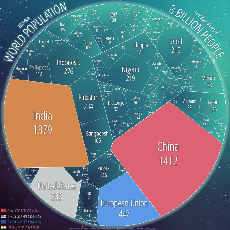 Mapa ludności świata w 2023 roku
