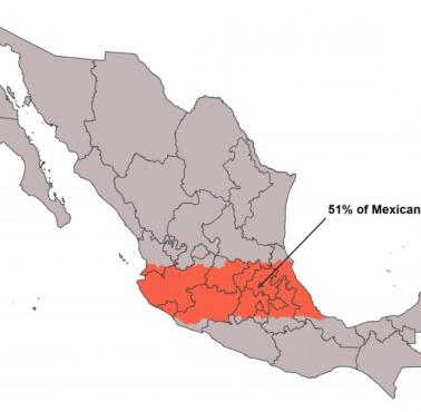Regiony oznaczone na czerwono zamieszkuje 51 proc. mieszkańców Meksyku