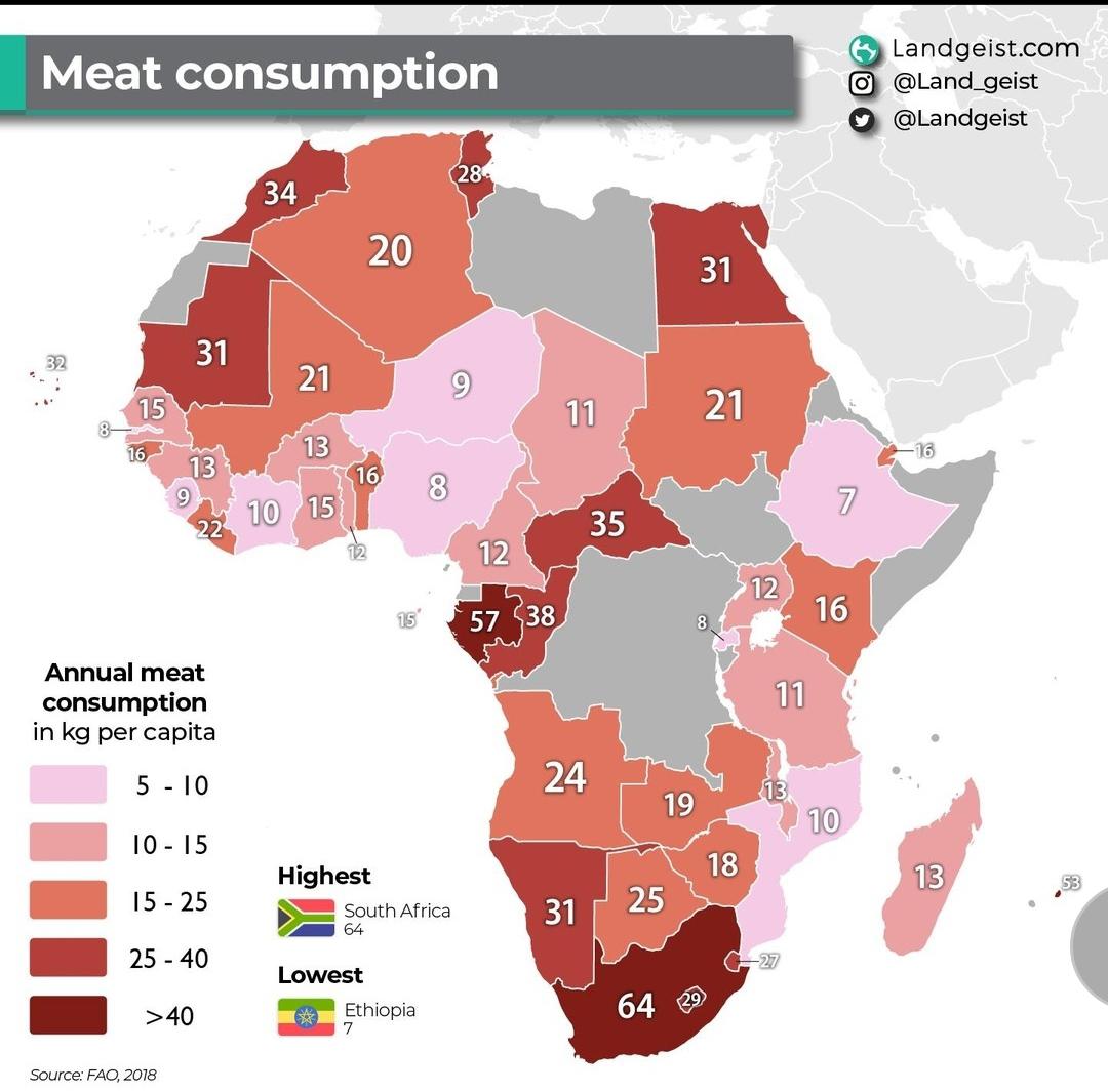 Spożycie mięsa (w kg na osobę) w Afryce, 2018