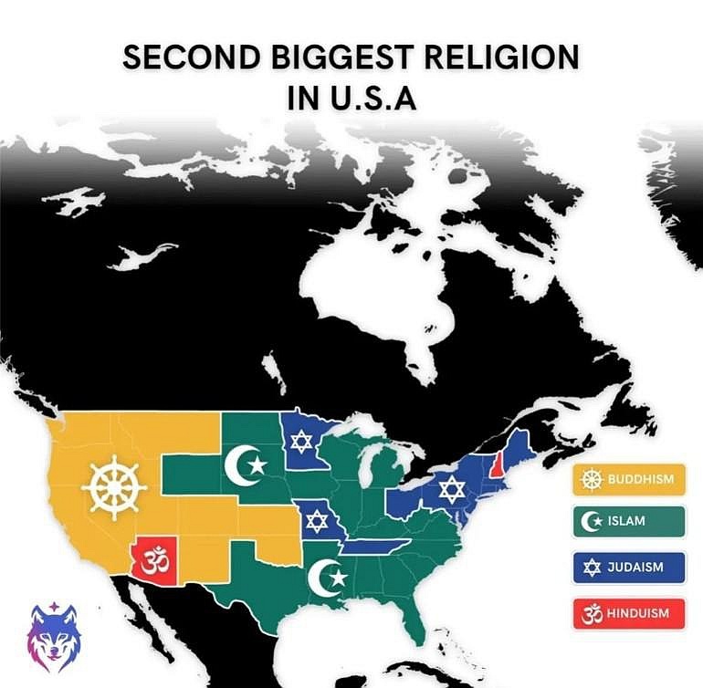 Druga największa religia według stanu w USA