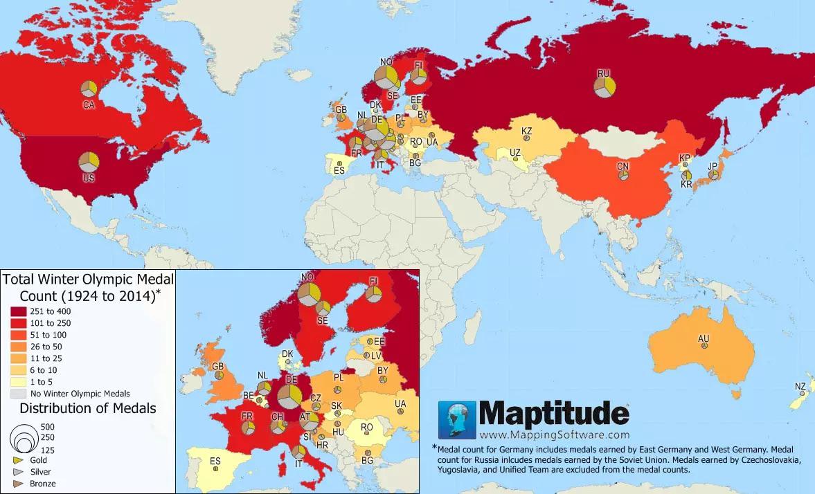 Liczba zdobytych medali przez poszczególne państwa na Zimowych Olimpiadach w latach 1924-2014