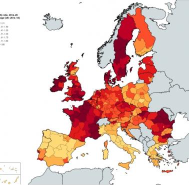 Współczynnik płodności w Europie, 2016-2020 (liczba dzieci na 1 kobietę)