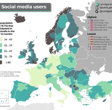 Obszary w Europie, które mają największy udział użytkowników mediów społecznościowych, 2022