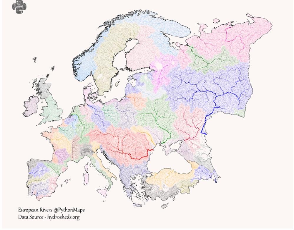 Mapa dorzeczy w Europie, hydrosheds.org