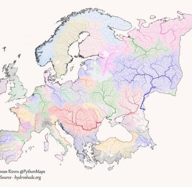 Mapa dorzeczy w Europie, hydrosheds.org