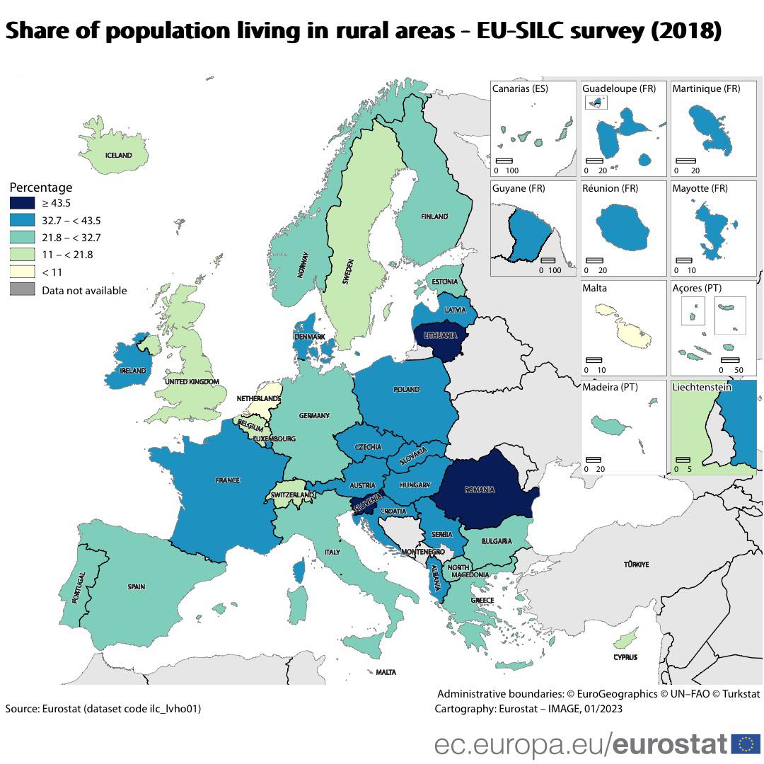 Odsetek ludności Europy mieszkającej na obszarach wiejskich, 2018