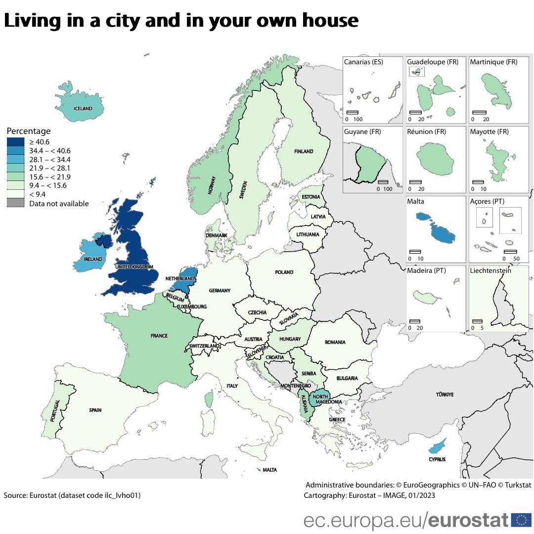 Odsetek osób mieszkających w mieście i we własnym domu, Europa, 2023