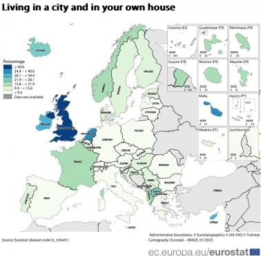 Odsetek osób mieszkających w mieście i we własnym domu, Europa, 2023