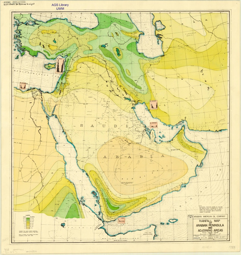 Mapa rocznych opadów na Bliskim Wschodzie z 1953 r.
