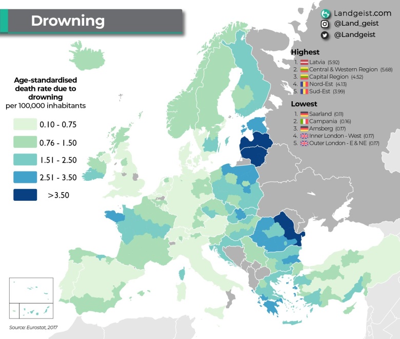 Odsetek śmiertelnych wypadków spowodowanych utonięciem rocznie na 100 tys. mieszkańców w Europie, 2017