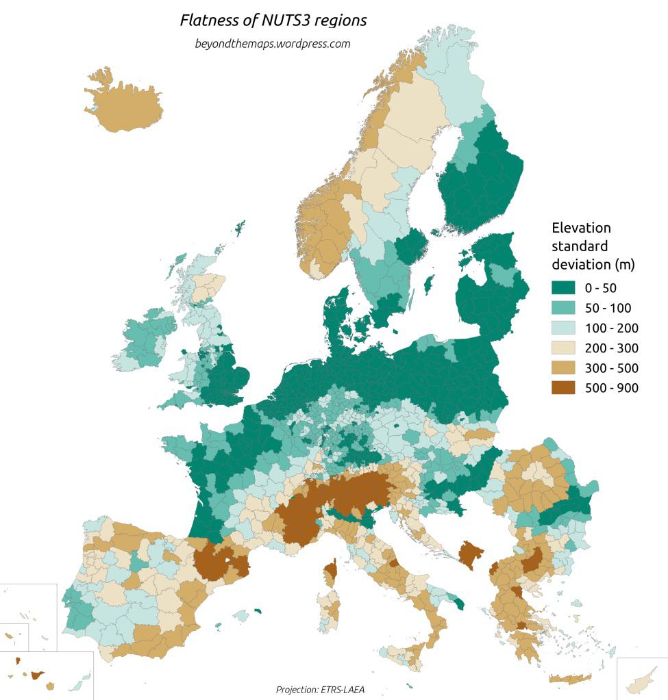 Średnia wysokość nad poziomem morza w Europie z podziałem na największe jednostki administracyjne