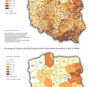 Odsetek Polaków uczęszczających na niedzielną mszę według parafii, 2021