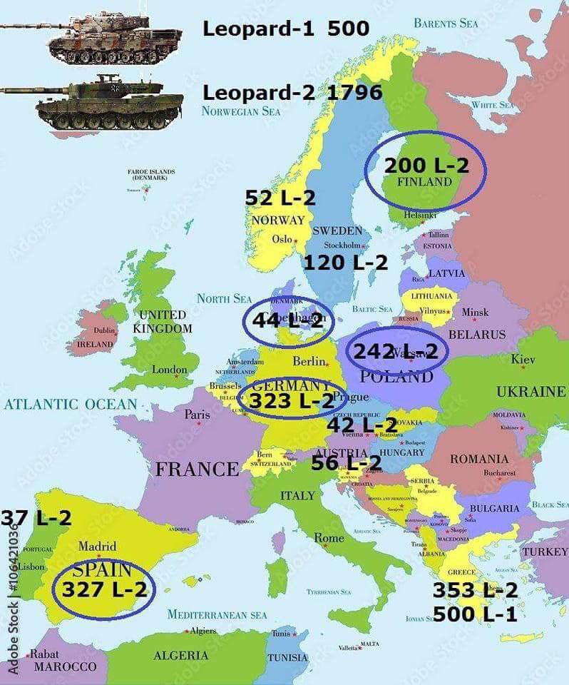 Czołgi Leopard znajdujące się na wyposażeniu poszczególnych europejskich armii, 2023