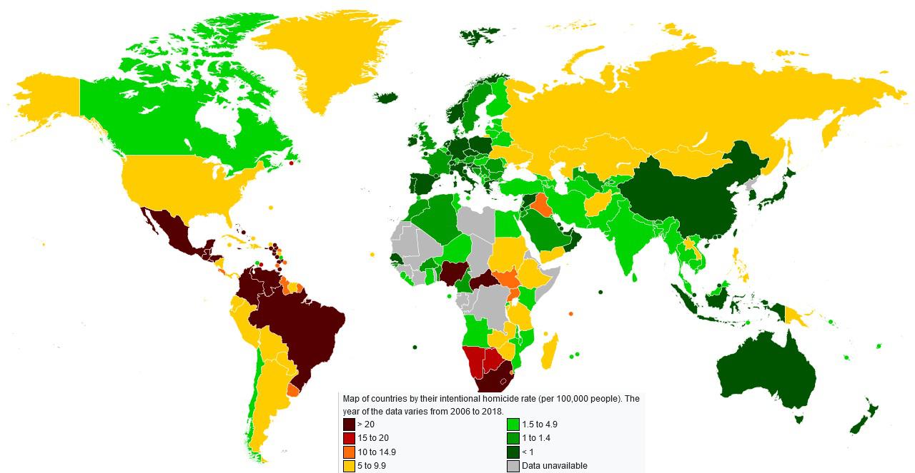 Kraje według współczynnika zabójstw umyślnych (na 100 tys. mieszkańców) od 2006 do 2018 r.