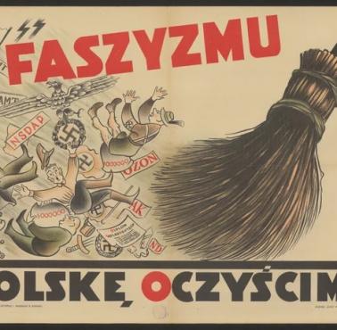 Plakat propagandowy z czasów holocaustu Polaków 1945-1956, rządy "Z faszyzmu Polskę oczyścimy"